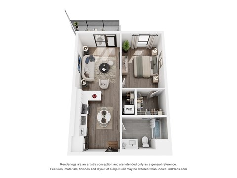 Floor plan for 1 bed, 1 bath, 636 sqft